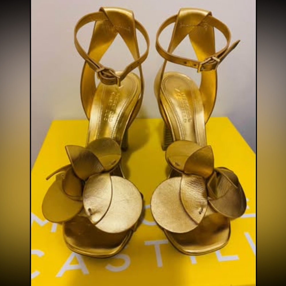 Gold High Heel Sandals with Bow and Ankle Strap